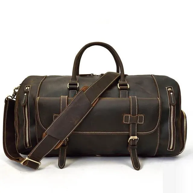 Crazy Horse Men's Vintage Distressed Leather Medium Barrel Duffel Bag