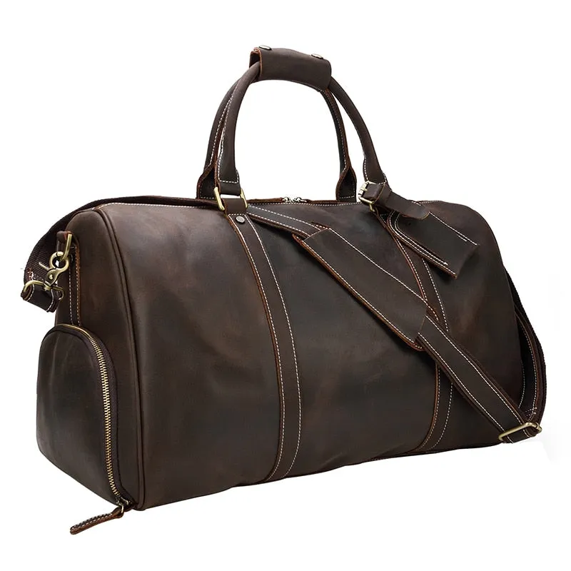 Crazy Horse Men's Vintage Distressed Leather Medium Barrel Duffel Bag