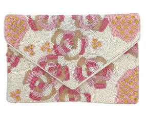 Cream Beaded Clutch W/ Pink Ro