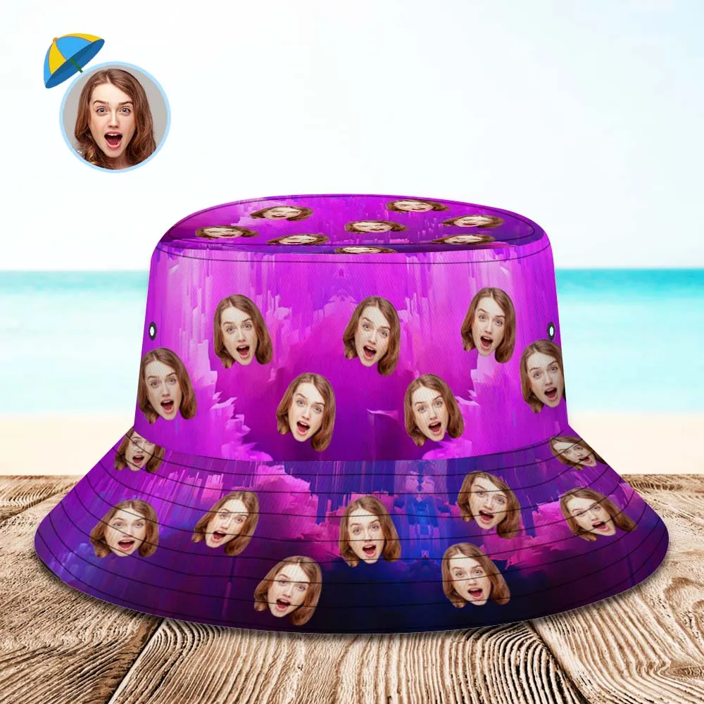 Custom Face Bucket Hat Personalised Hiking Beach Sports Hats Unisex Purple Abstract Texture