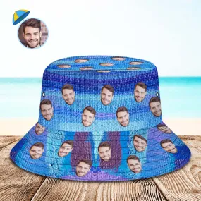 Custom Face Bucket Hat Unisex Personalised Photo Wide Brim Outdoor Summer Hats Blue Oil Painting Style