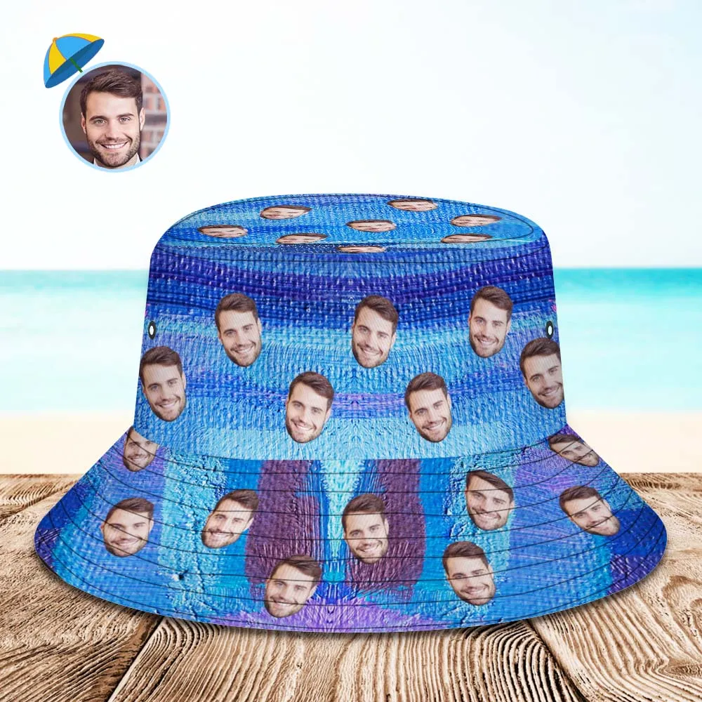 Custom Face Bucket Hat Unisex Personalised Photo Wide Brim Outdoor Summer Hats Blue Oil Painting Style