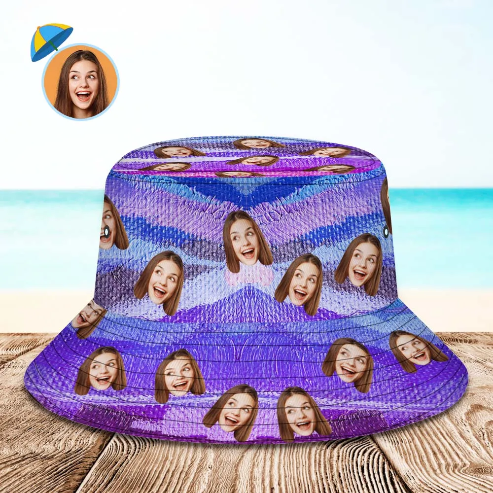 Custom Face Bucket Hat Unisex Personalised Photo Wide Brim Outdoor Summer Hats Purple Oil Painting Style