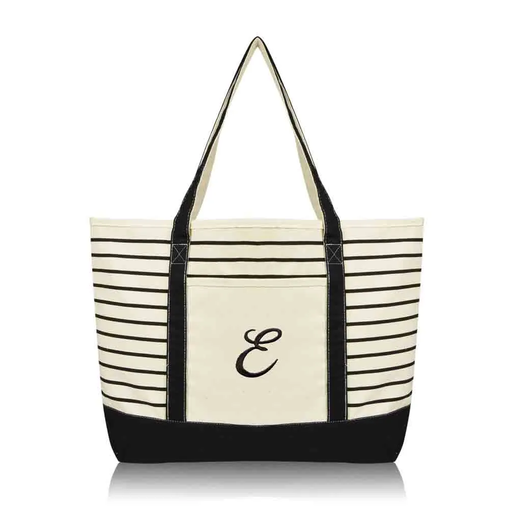 Dalix Striped E-Initial Tote Bag Womens Ballent Letter E