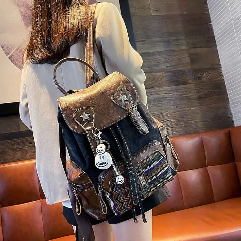 Denim backpack embroidered contrast drawstring