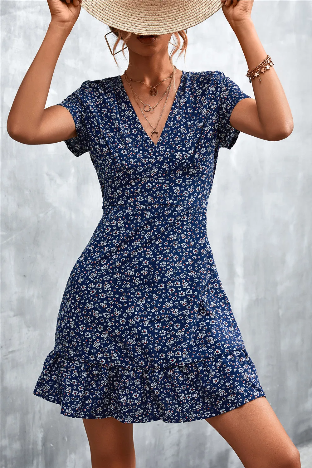 Ditsy Floral V-Neck Short Sleeve Dress