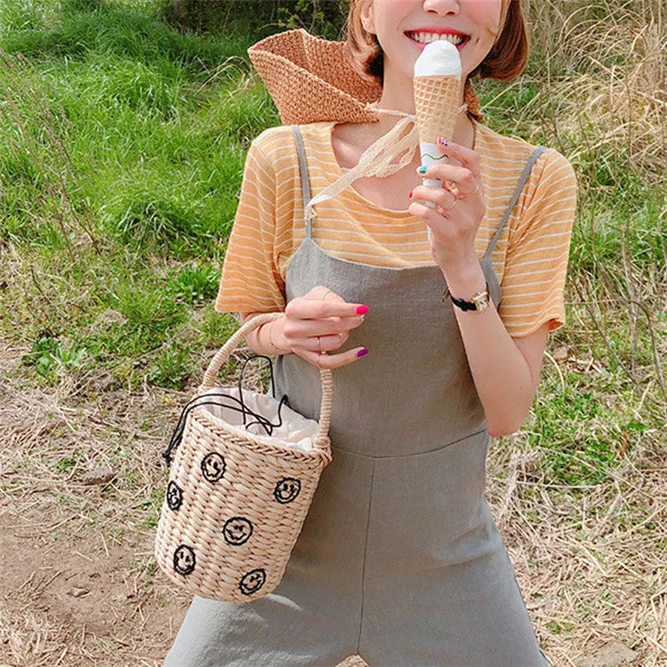 elveswallet Portable Bucket Woven Straw Bag