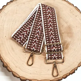 Embroidered Aztec Design Adjustable Purse Strap in Maroon and White Mix