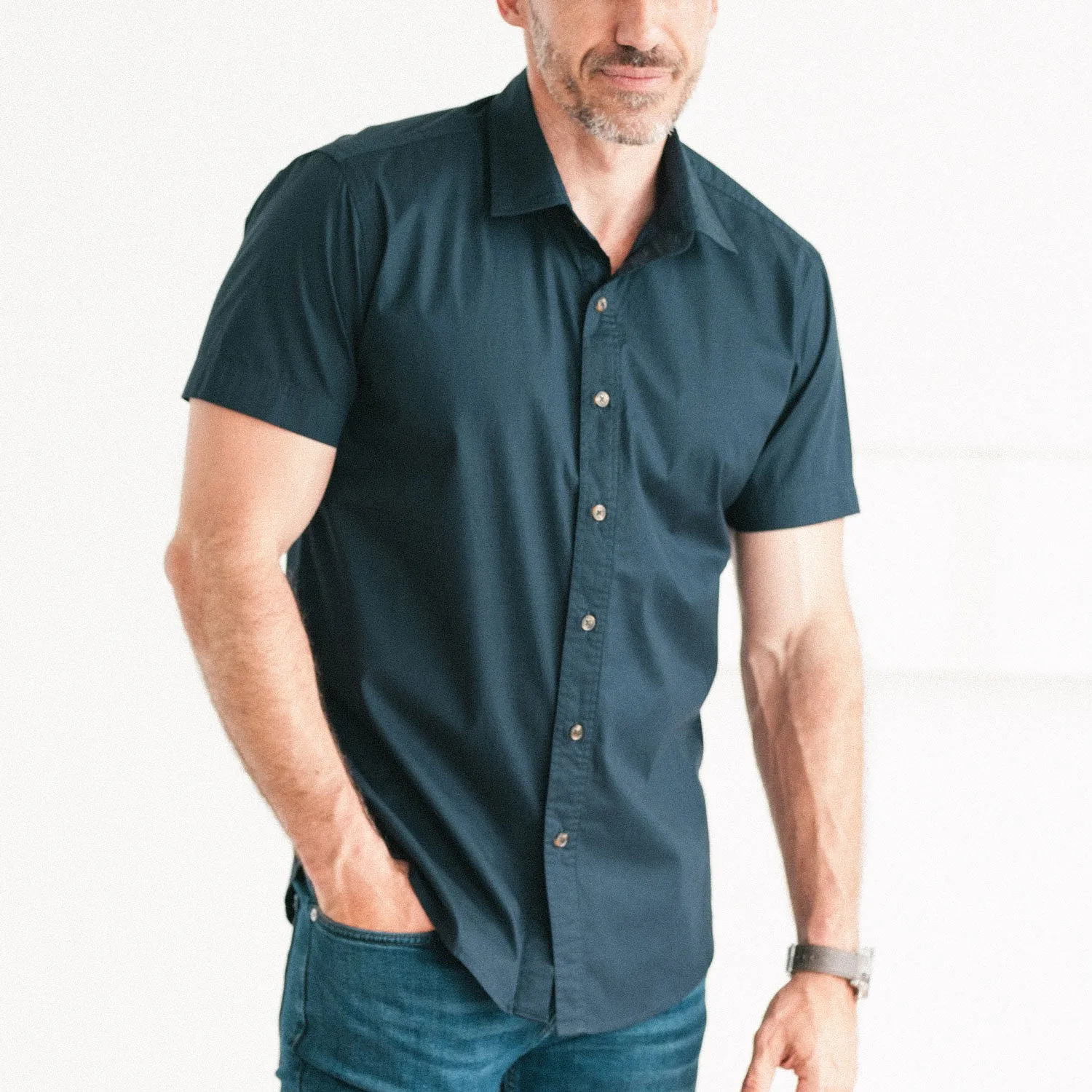 Essential Spread Collar Casual Short Sleeve Shirt - Dark Navy Stretch Cotton Poplin