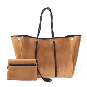 Expandable Neoprene Brown Velvet Tote & Wristlet Set