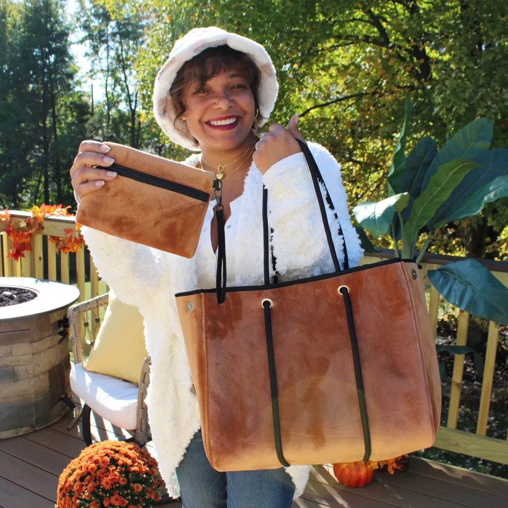 Expandable Neoprene Brown Velvet Tote & Wristlet Set