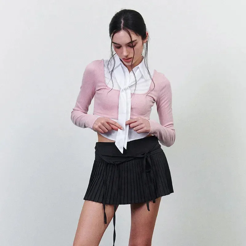 Fake Two-piece Patchwork Fashion Shirts & Blouses Tie Long Sleeve Tops Casual Fall Clothes 2024 Women P85-DH22