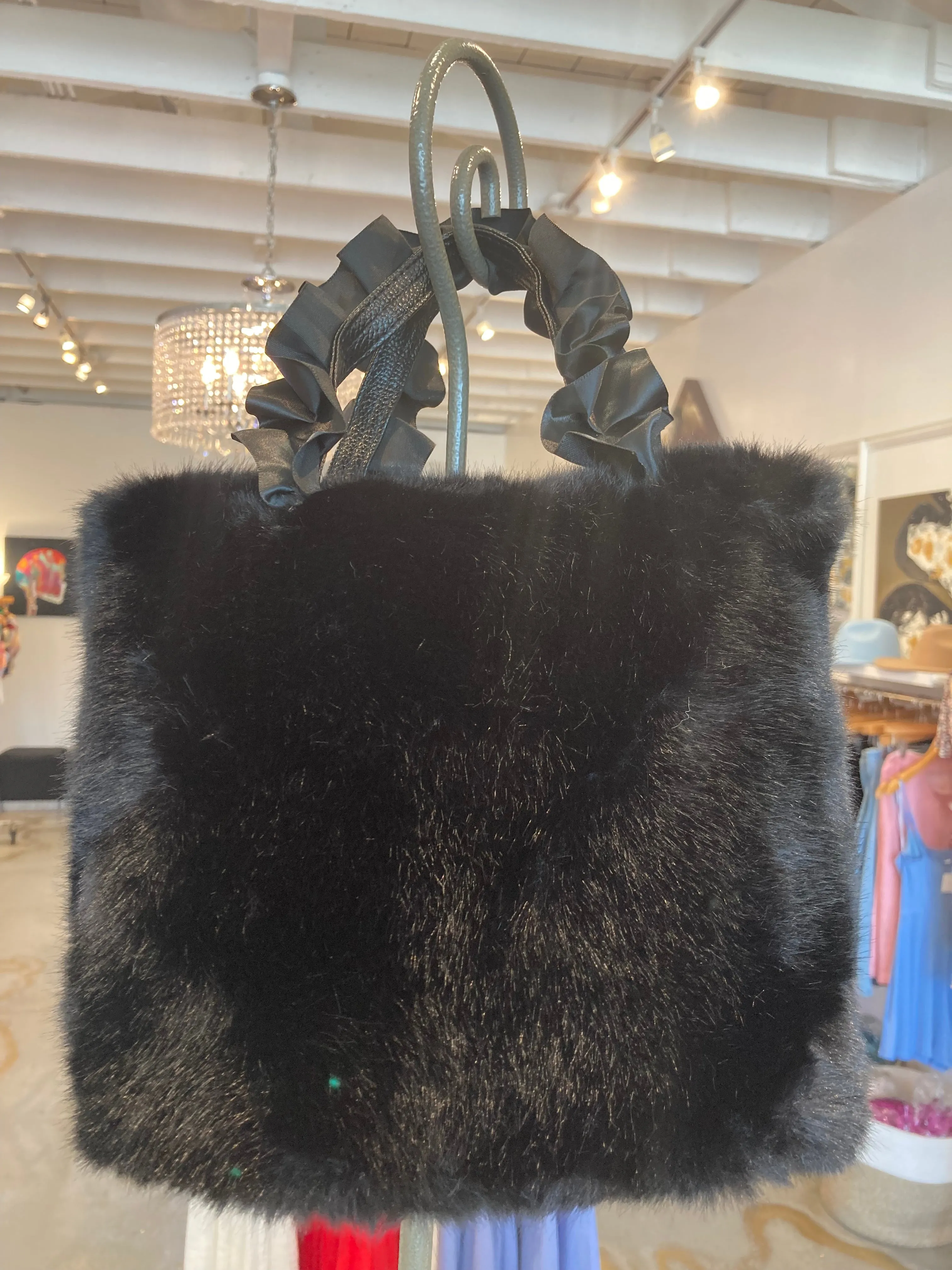 Faux fur mini tote purse with leather handles