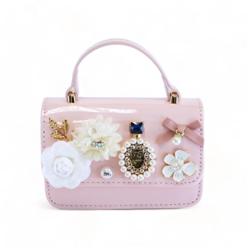 Floral & Charms Patent Leather Purse - Pink