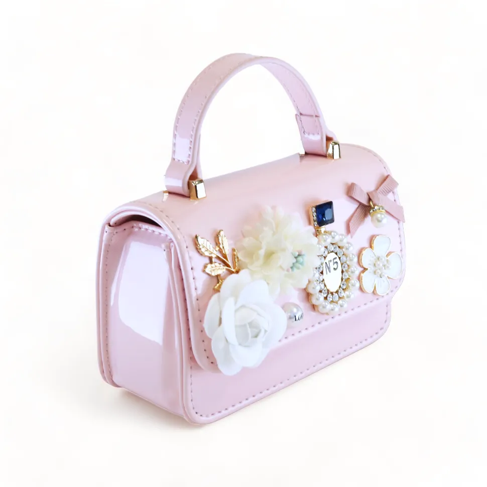 Floral & Charms Patent Leather Purse - Pink