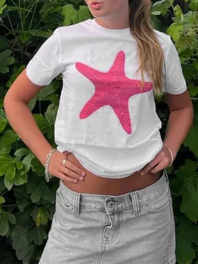 Floral Starfish Pomegranate Printing Short Sleeve Vintage Round Neck Summer T-shirt