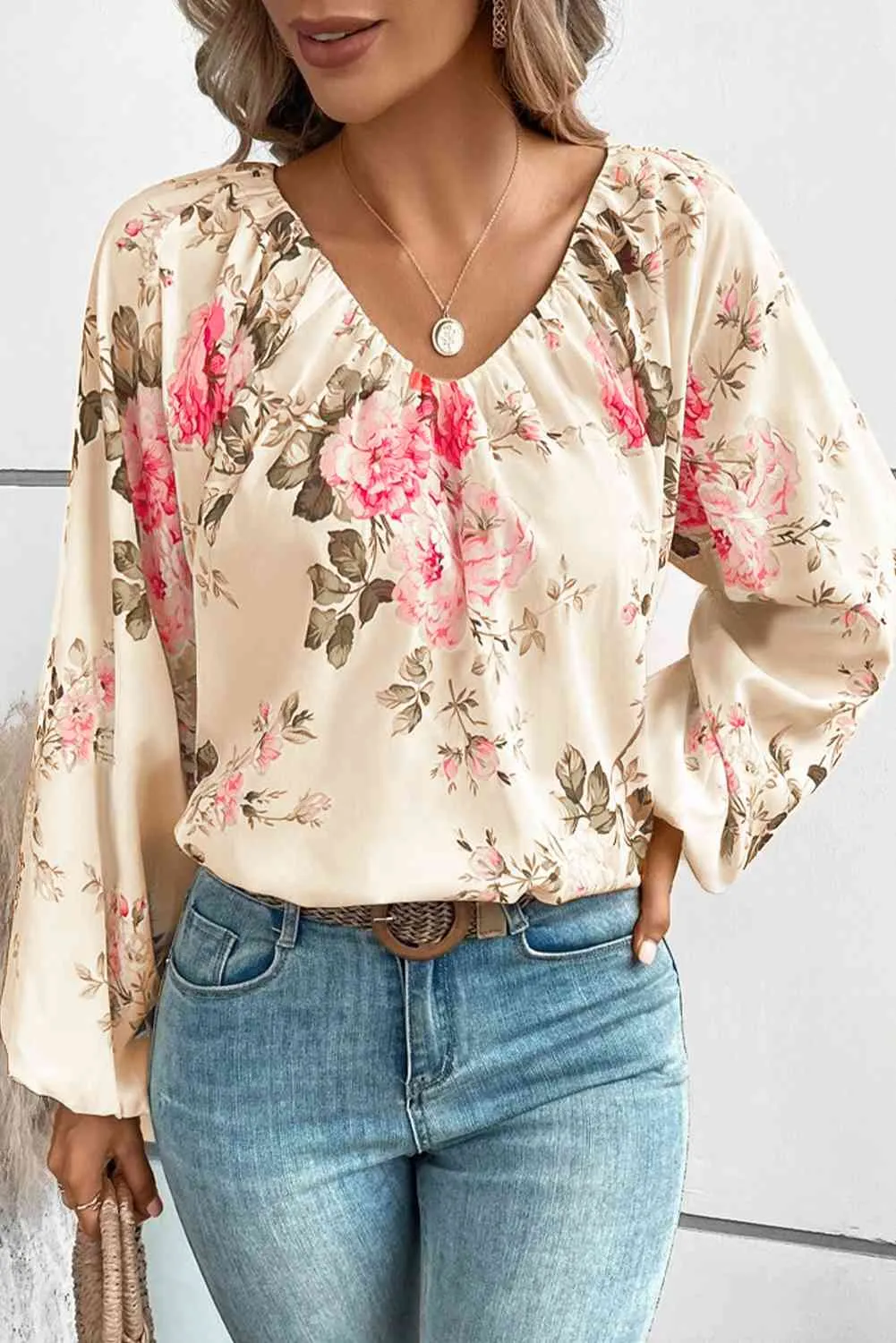 Floral V-Neck Balloon Sleeve Blouse