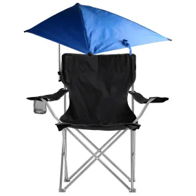 Foldable Beach Chair with Detachable Umbrella Armrest Adjustable Canopy Stool with Cup Holder Carry Bag for Camping Poolside Travel Picnic Lawn Chair - Black