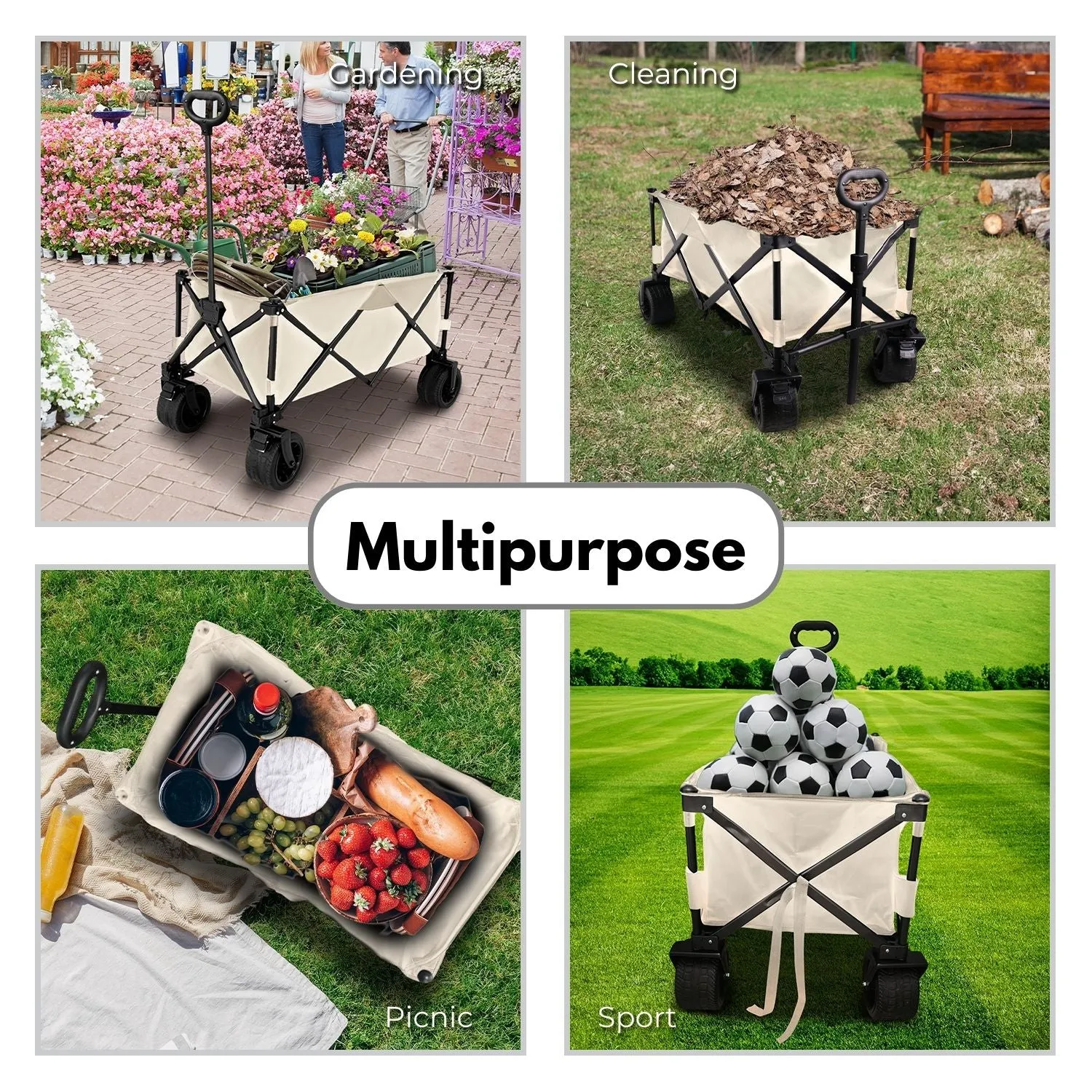 Foldable Wagon Trolley Cart, Wide Wheels, Brakes - KILIROO