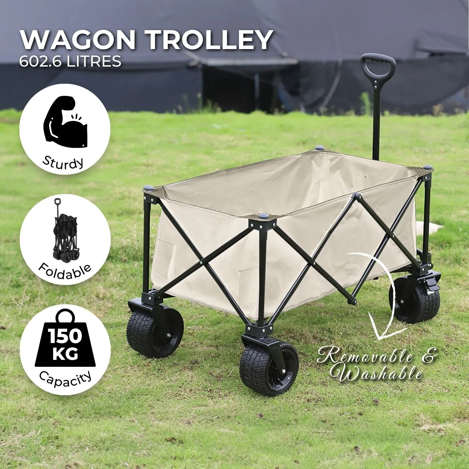 Foldable Wagon Trolley Cart, Wide Wheels, Brakes - KILIROO