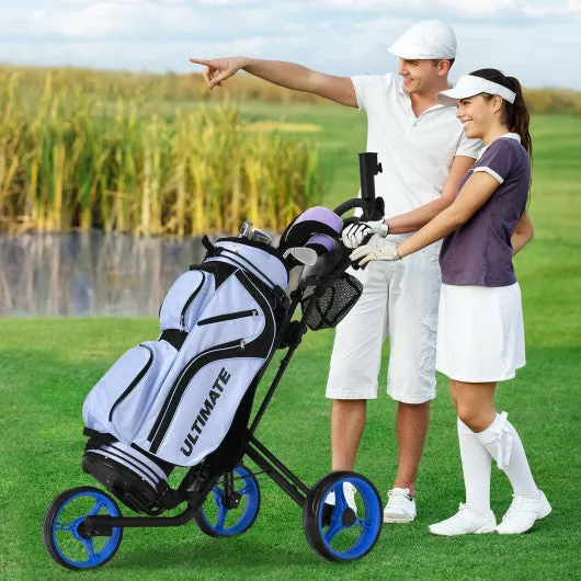 Folding 3 Wheels Golf Push Cart with Brake Scoreboard Adjustable Handle-Blue