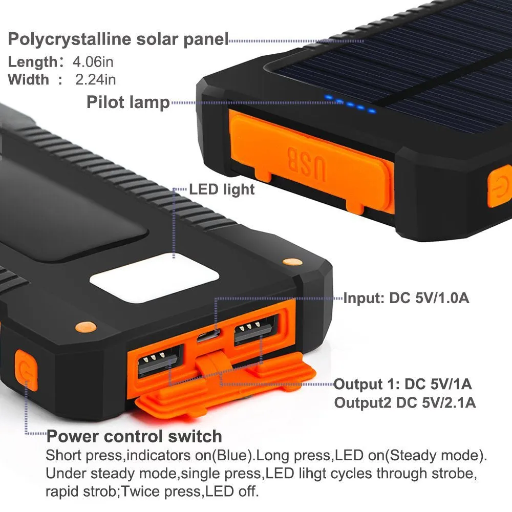 For Smartphone with LED Light Solar Power Bank Waterproof 20000mAh Charger 2 USB Ports External Charger Powerbank