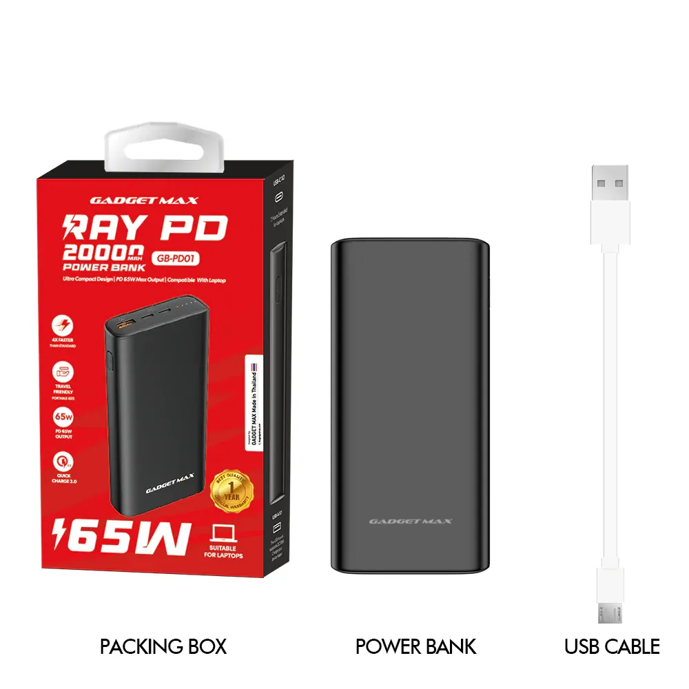 GADGET MAX GB-PD01 20000MAH RAY 65W PD POWER BANK (OUTPUT-1USB/INPUT-TYPE-C) (TYPE-C IN/OUT), 65W Power Bank, 20000mAh Power Bank, PD Power Bank, Power Bank for All Power Bank (65W)