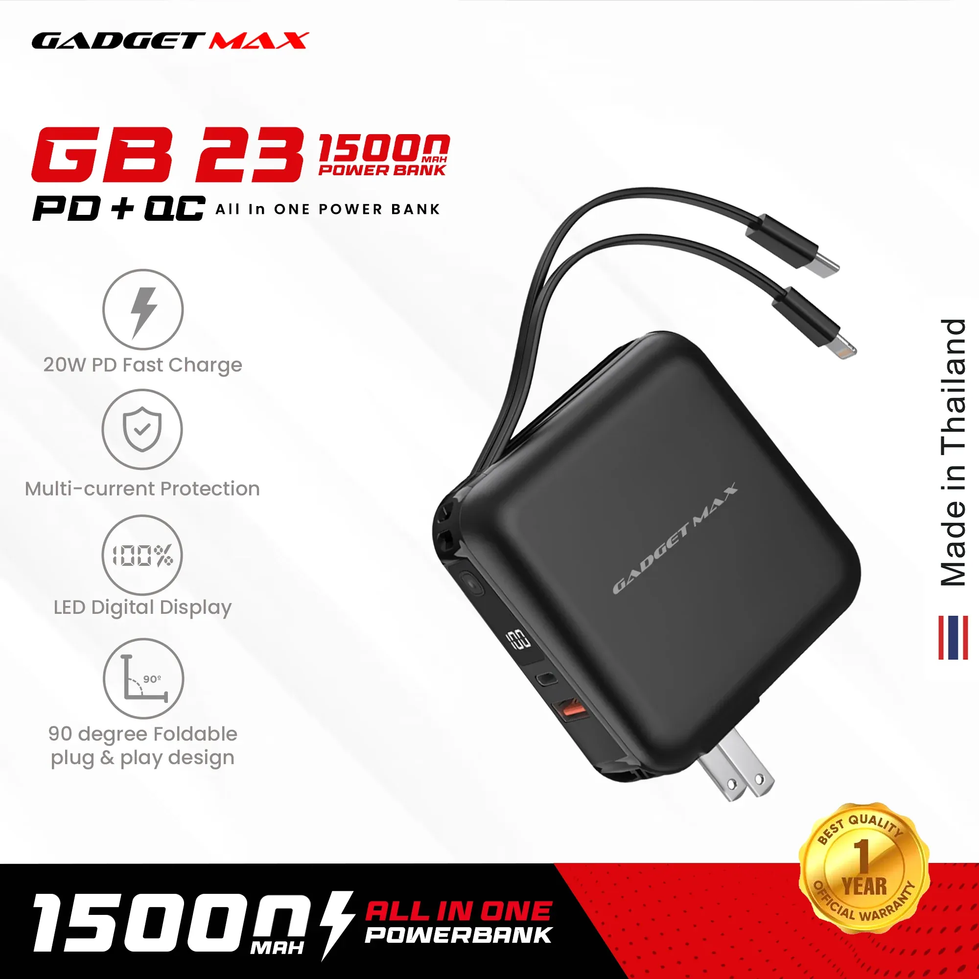 GADGET MAX GB23 AIO Pro Series 15000mAh All-in-One PD QC Fast Charging Power Bank(PD 20W QC 22.5W) - Black