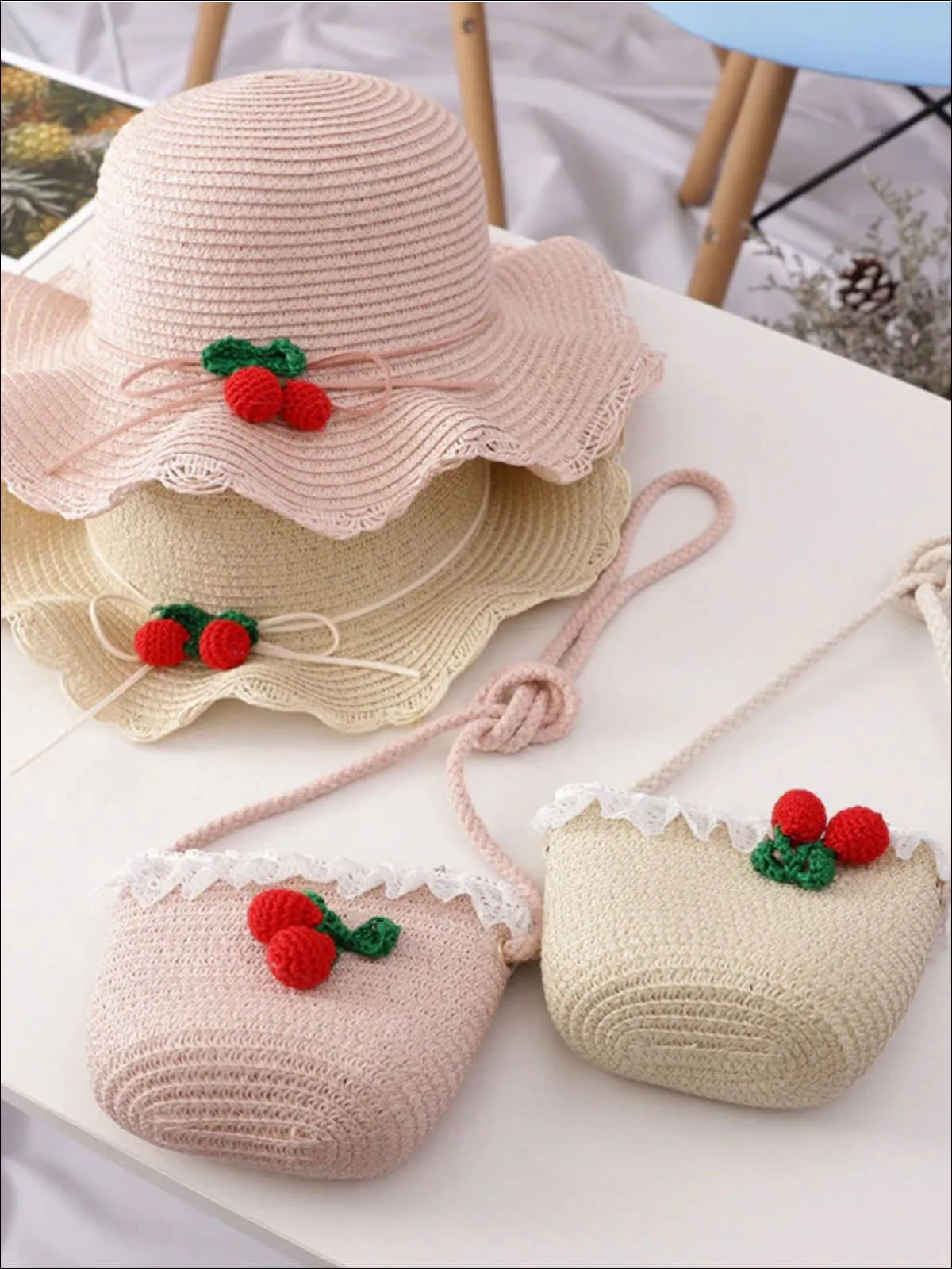 Girls Retro Straw Hat and Matching Mini Purse With Cherries