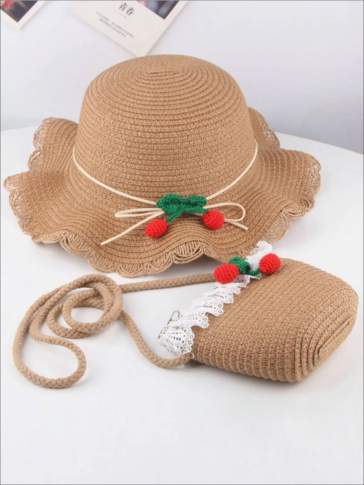 Girls Retro Straw Hat and Matching Mini Purse With Cherries