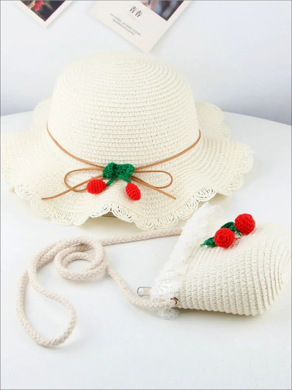 Girls Retro Straw Hat and Matching Mini Purse With Cherries