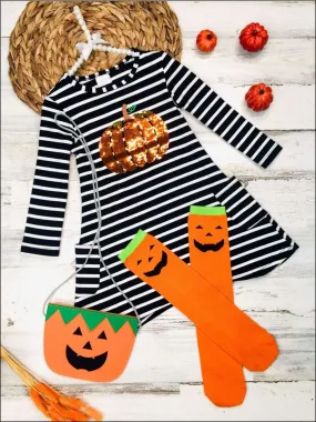 Girls Sequin Pumpkin Pocket Dress with Purse And Knee High Socks