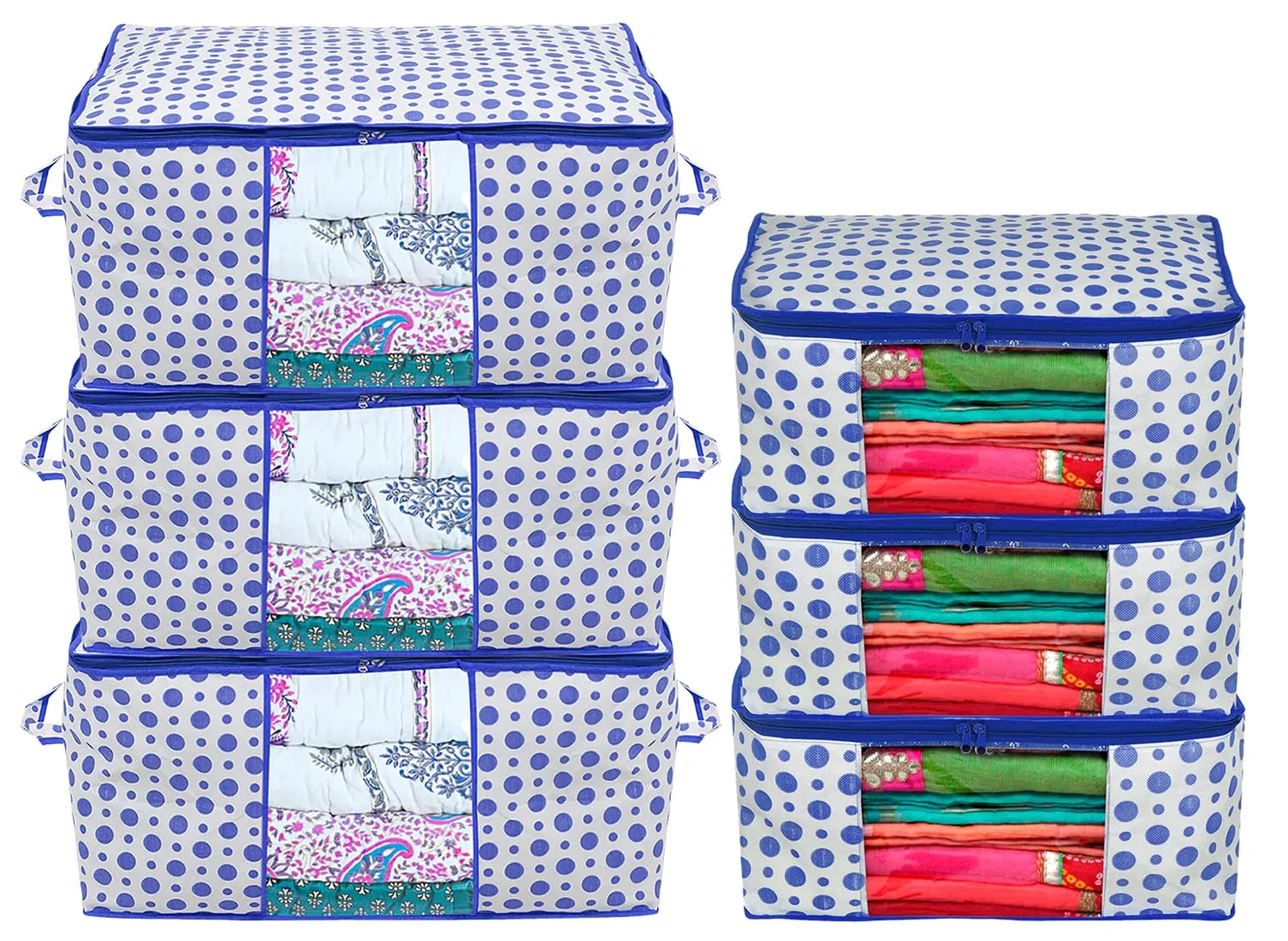 Heart Home Dot Printed Foldable, Lightweight Non-Woven 3 Saree Cover & 3 Underbed Storage Bag Set For Saree, Clothes, Blankets With Tranasparent Window, Set of 6 (Blue)-46HH0620