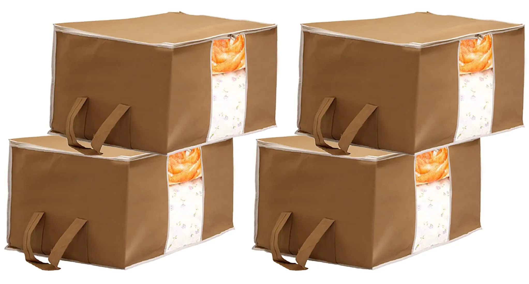 Heart Home Non Woven Underbed Storage Bag With Transparent Window- Pack of 4 (Brown)-HS43HEARTH26716