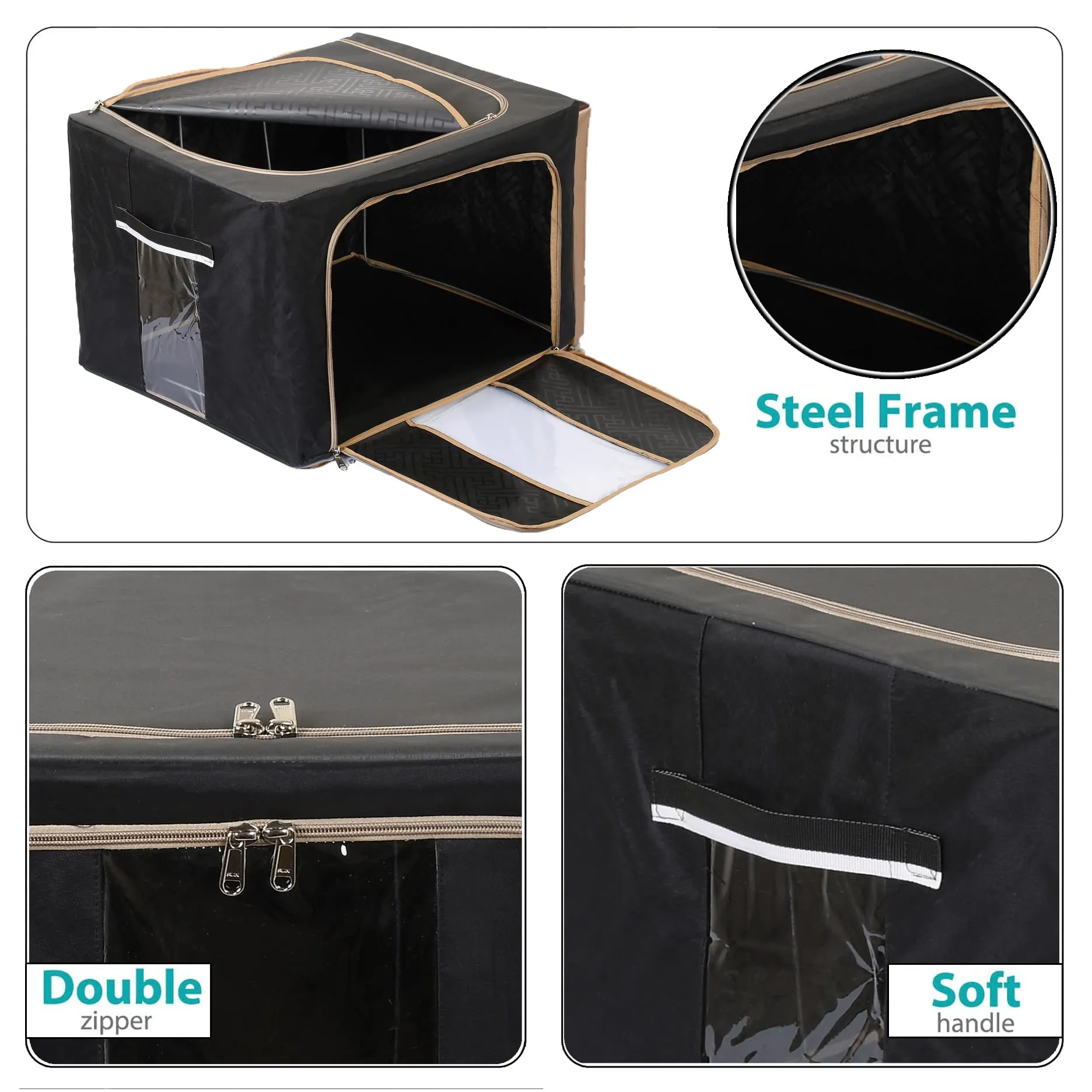 Heart Home Steel Frame Storage Box/Organizer For Clothing, Blankets, Bedding With Clear Window, 44Ltr.- Pack of 2 (Black & Grey)-44HH0303