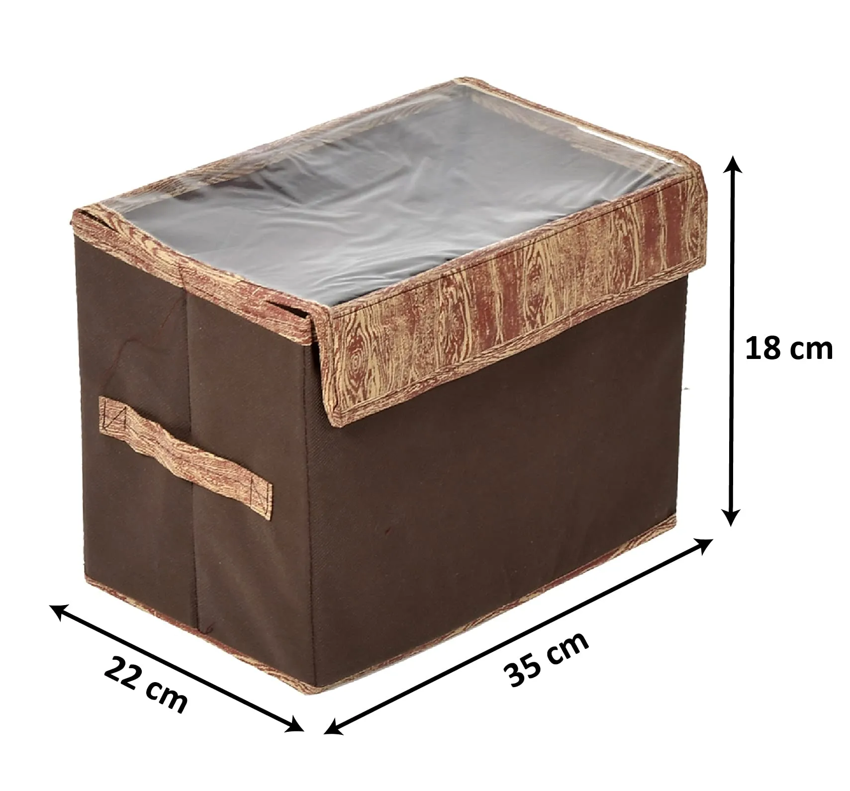 Heart Home Wooden Design Multiuses Small Non-Woven Storage Box/Organizer With Tranasparent Lid- Pack of 2 (Brown) -44HH0431