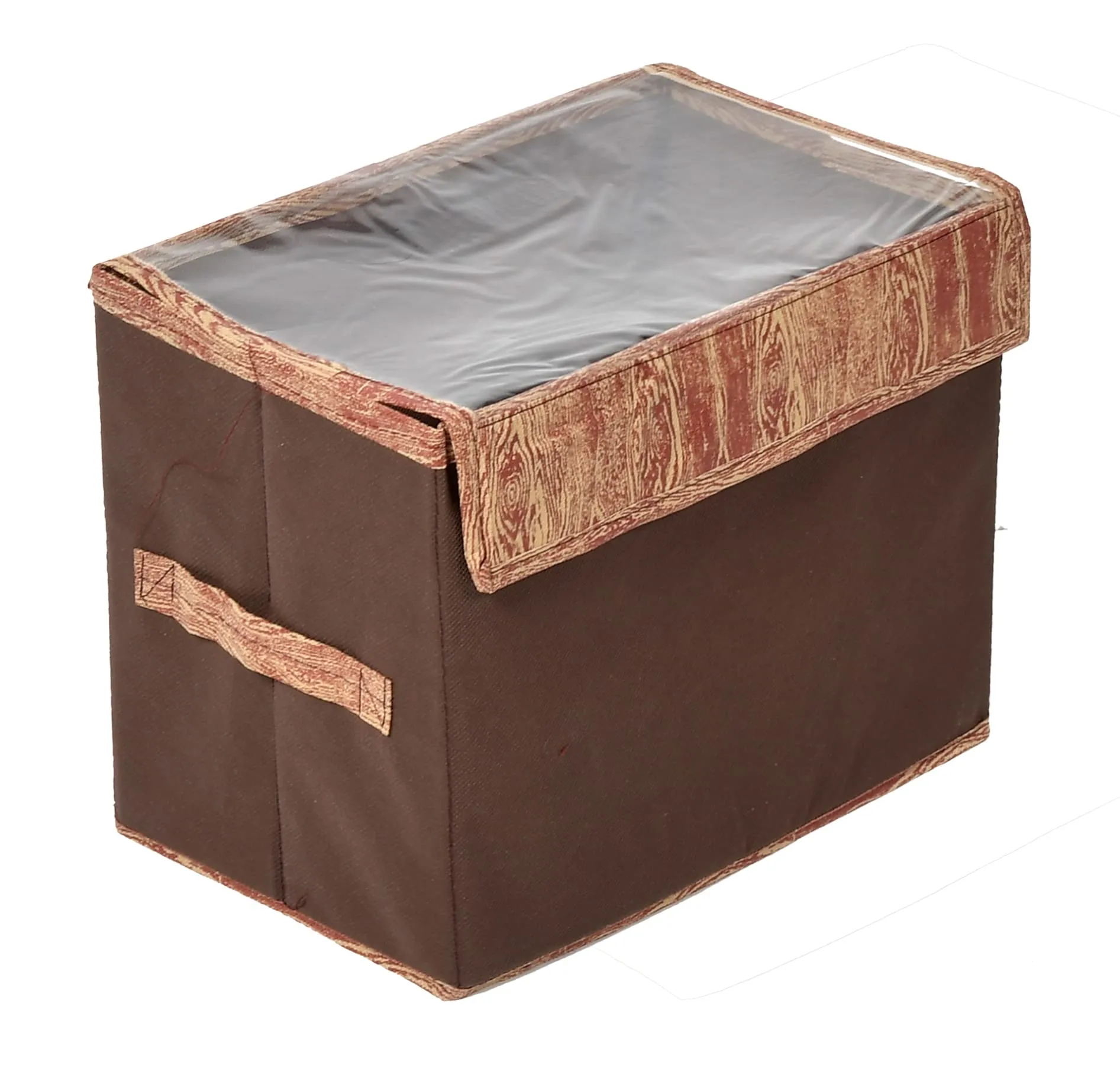 Heart Home Wooden Design Multiuses Small Non-Woven Storage Box/Organizer With Tranasparent Lid- Pack of 2 (Brown) -44HH0431