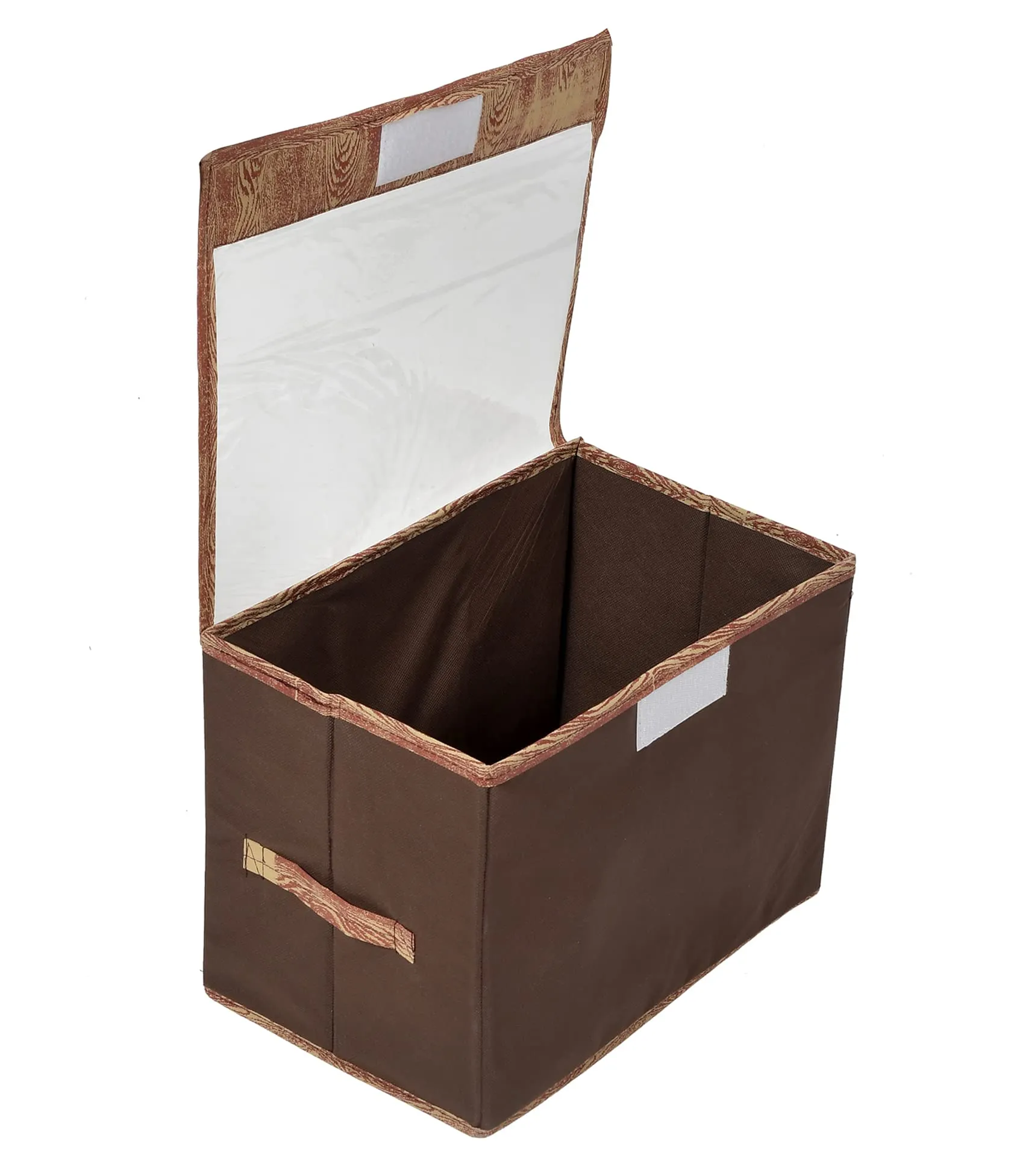 Heart Home Wooden Design Multiuses Small Non-Woven Storage Box/Organizer With Tranasparent Lid- Pack of 2 (Brown) -44HH0431