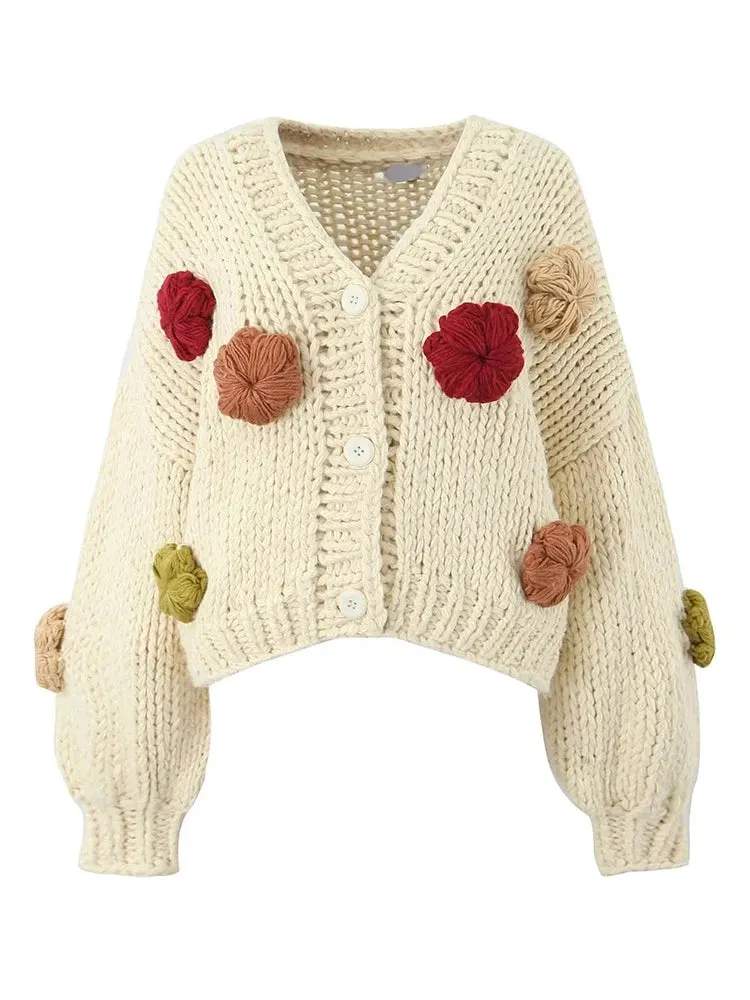 Hit Color Splice Appliques Loose Sweaters For Women O Neck Long Sleeve Patchwork Button Casual Sweater Female New