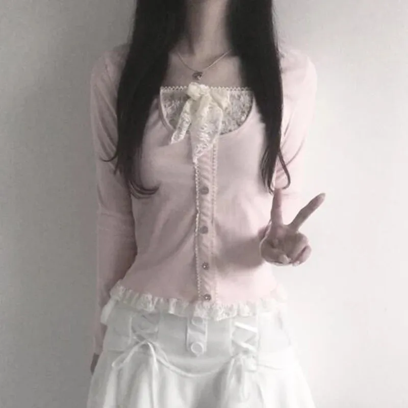 Hotsweet Pink Slim Spring T-shirt Female Lace Patched Bow Korean Top Shirts Ruched Coquette Clothes Tee Contrast Cute