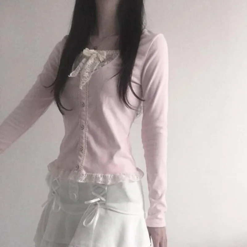 Hotsweet Pink Slim Spring T-shirt Female Lace Patched Bow Korean Top Shirts Ruched Coquette Clothes Tee Contrast Cute