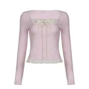 Hotsweet Pink Slim Spring T-shirt Female Lace Patched Bow Korean Top Shirts Ruched Coquette Clothes Tee Contrast Cute