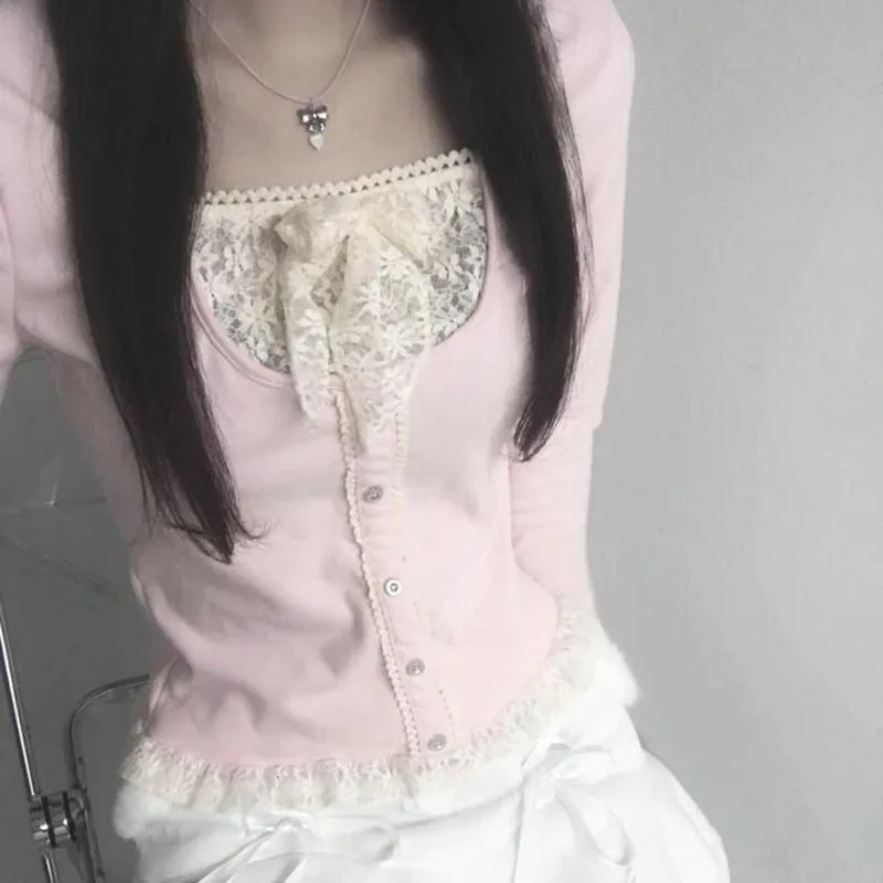 Hotsweet Pink Slim Spring T-shirt Female Lace Patched Bow Korean Top Shirts Ruched Coquette Clothes Tee Contrast Cute