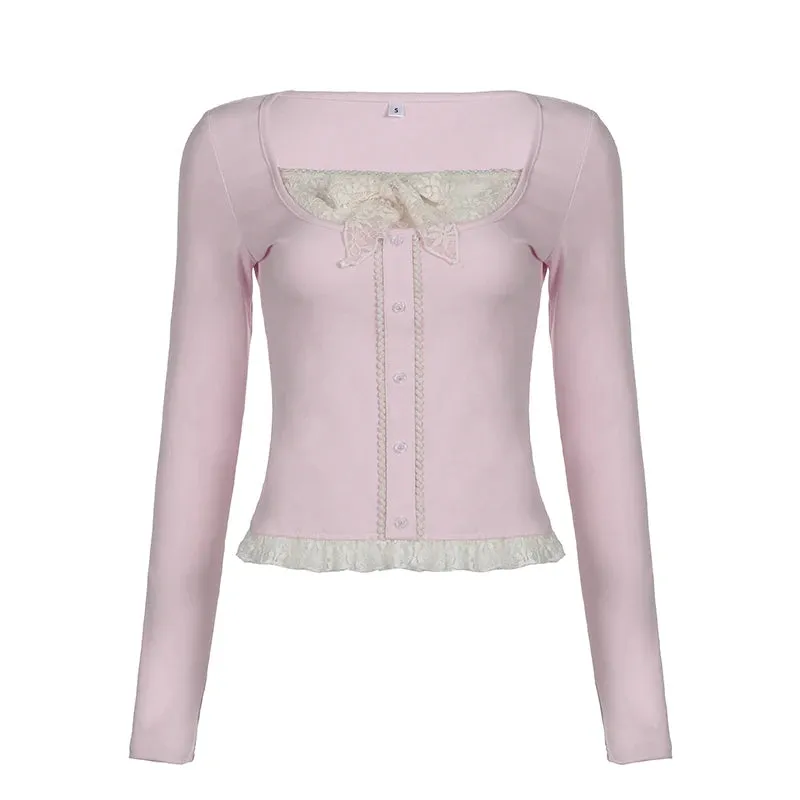 Hotsweet Pink Slim Spring T-shirt Female Lace Patched Bow Korean Top Shirts Ruched Coquette Clothes Tee Contrast Cute