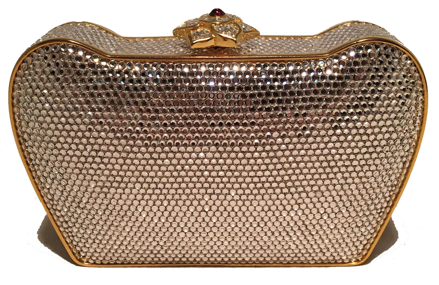 Judith Leiber Clear Swarovski Crystal Flower Top Minaudiere Evening Bag Clutch