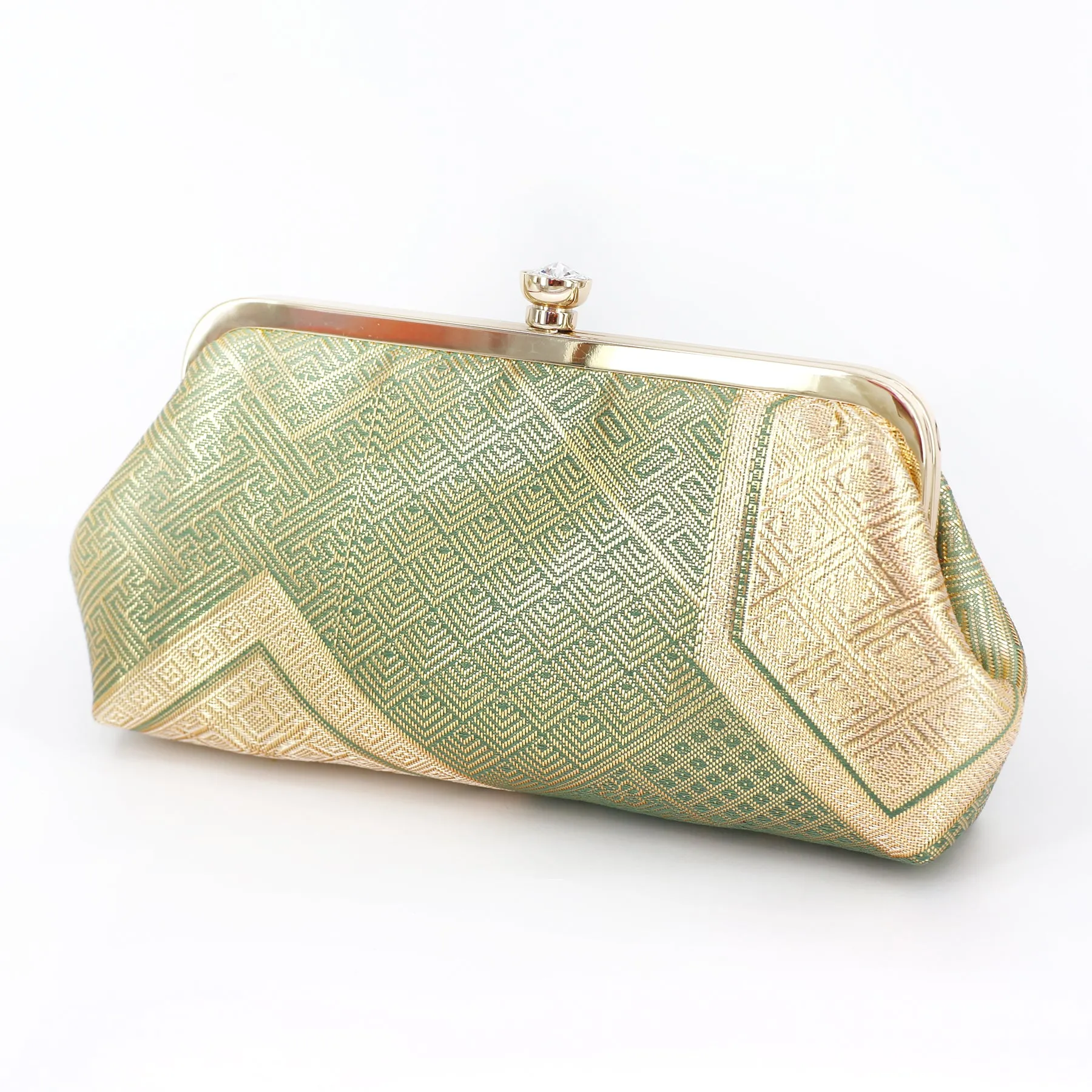 Kikko Hexagon Clutch Purse in Gold and Green| Upcycled from vintage Japanese Obi