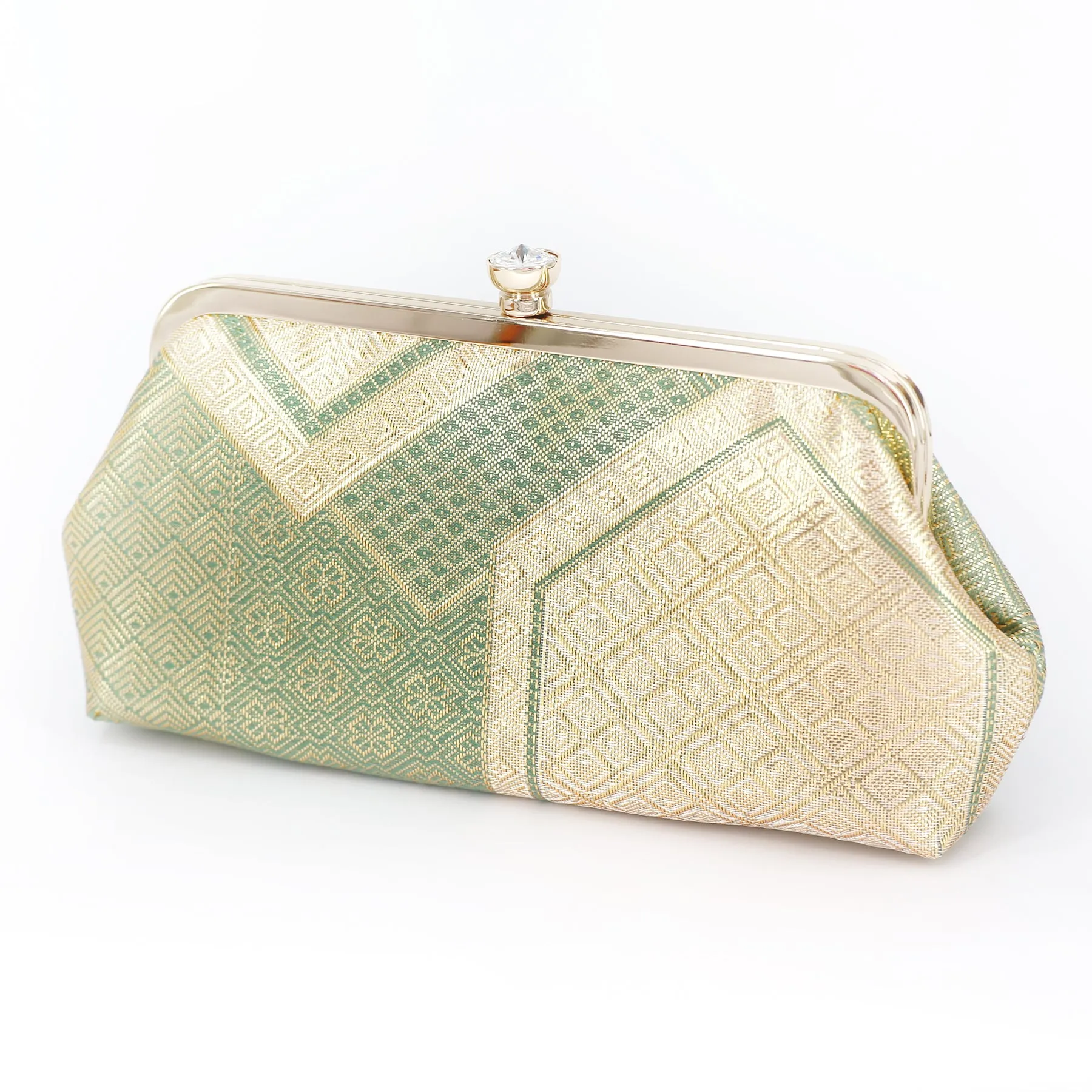 Kikko Hexagon Clutch Purse in Gold and Green| Upcycled from vintage Japanese Obi