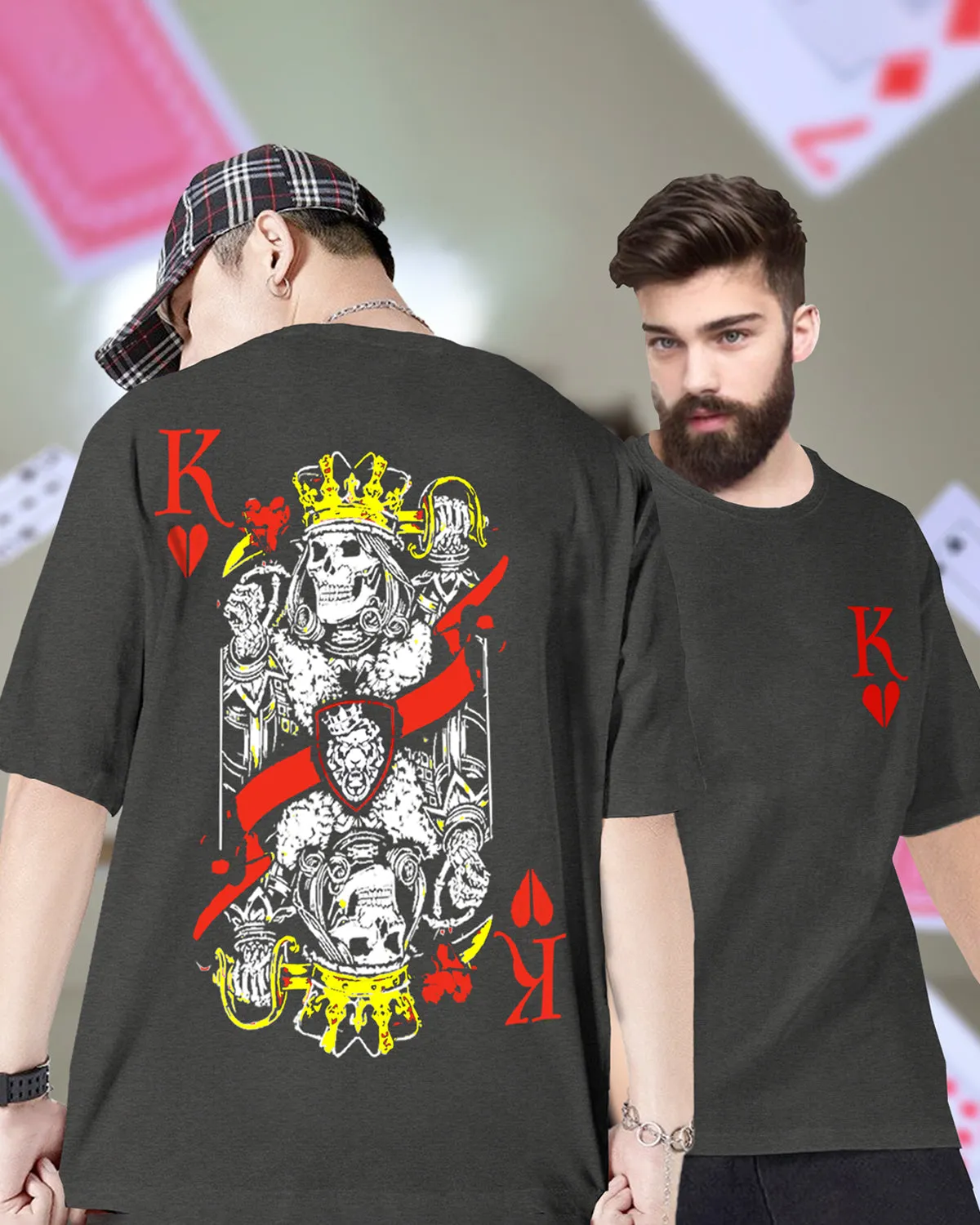 King Of Heart Poker Men Oversized Back Printed Black T-Shirt