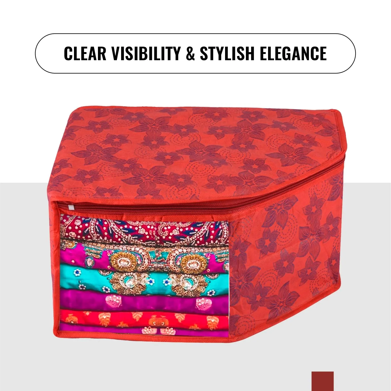 Kuber Industries Blouse Cover | Clothes Storage Bag | Zipper Wardrobe Organizers | Non-Woven Clothes Organiser | Side Transparent Blouse Organizer | New Flower-Design | Pack of 6 | Red