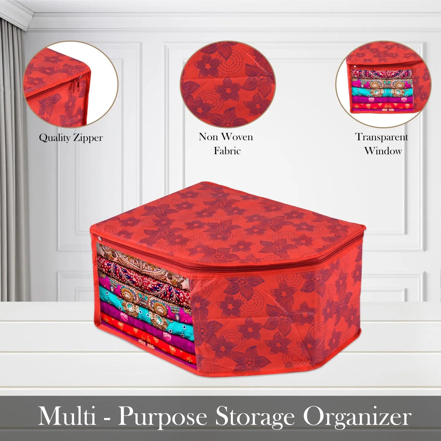 Kuber Industries Blouse Cover | Clothes Storage Bag | Zipper Wardrobe Organizers | Non-Woven Clothes Organiser | Side Transparent Blouse Organizer | New Flower-Design | Pack of 6 | Red